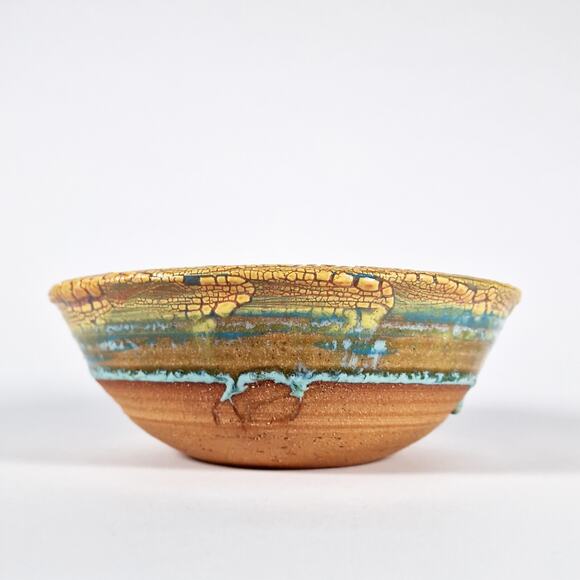 Cathy Veblen Anthro Pottery Bowl Yellow Turquoise Blue Corrales New Mexico 2007 - Picture 9 of 9